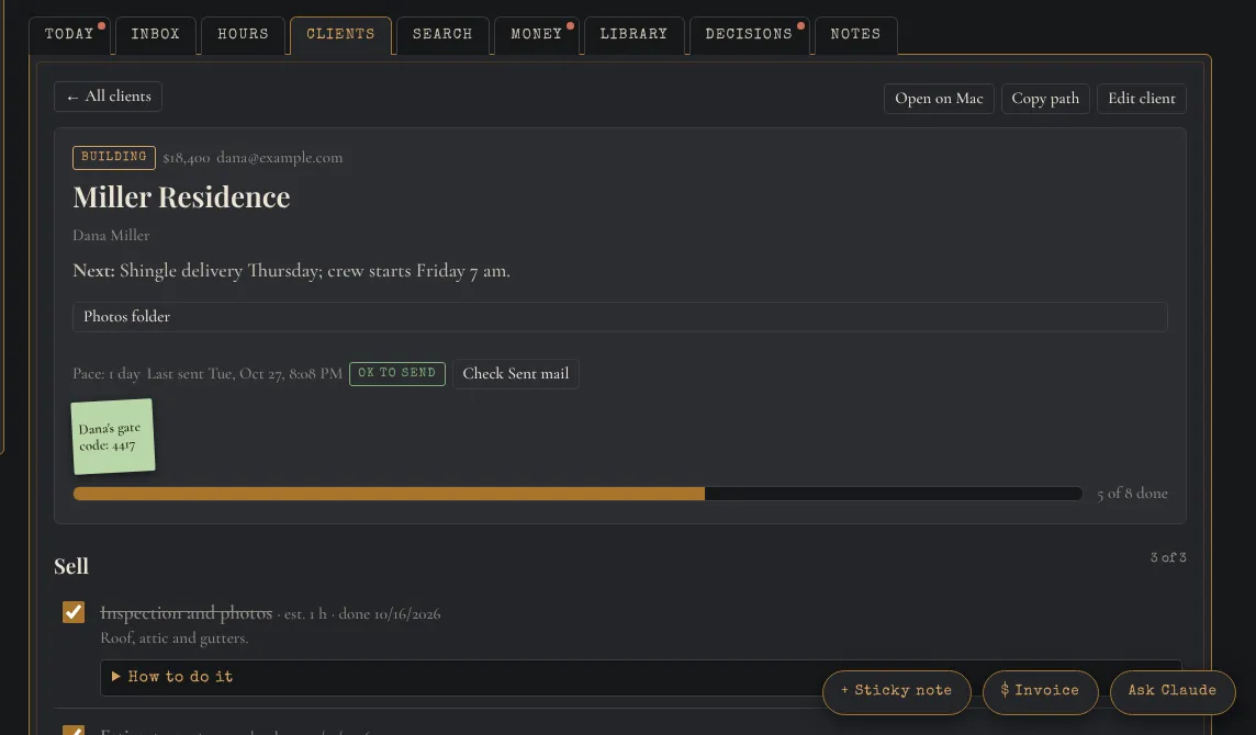 A sample client page with a progress bar and a Sell, Prepare and Build checklist