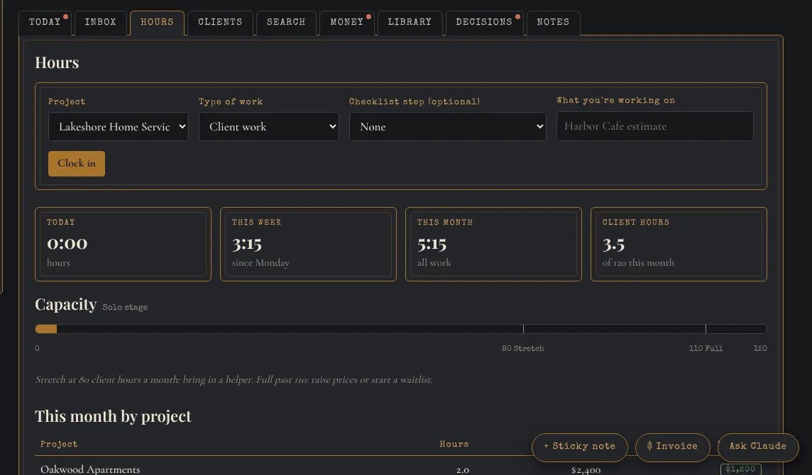 A sample hours screen with a clock-in form and weekly totals