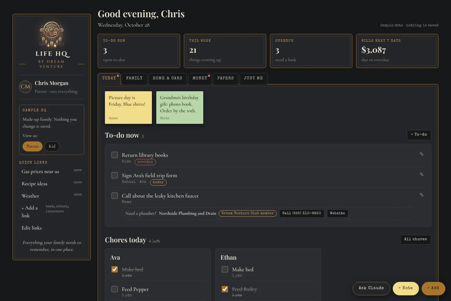 The Today screen of a sample Life HQ